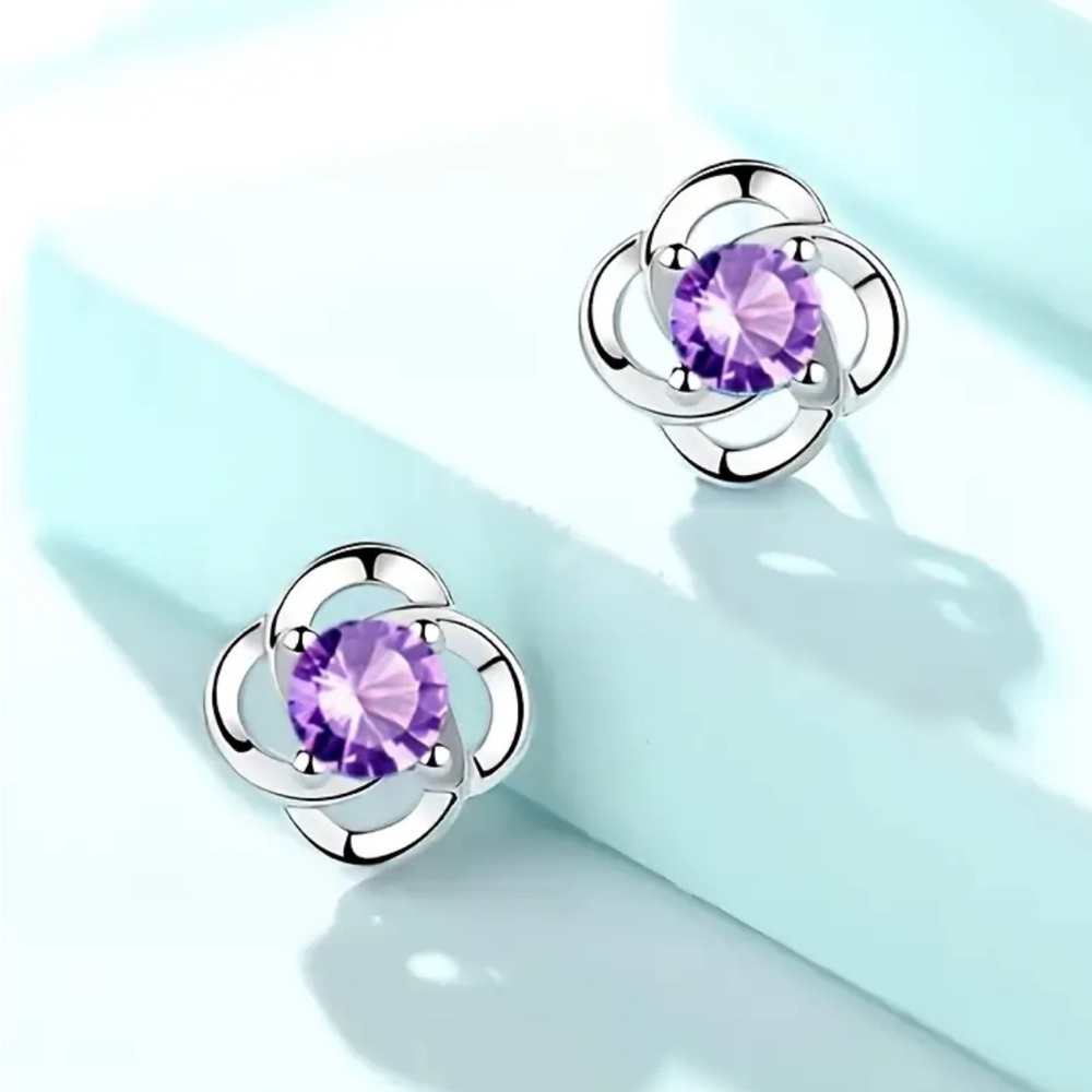 Silver Floral Stud Earrings with Purple Gemstone
